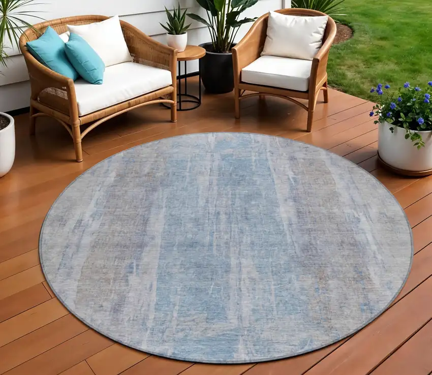 8' Beige And Blue Round Abstract Washable Indoor Outdoor Area Rug Photo 1