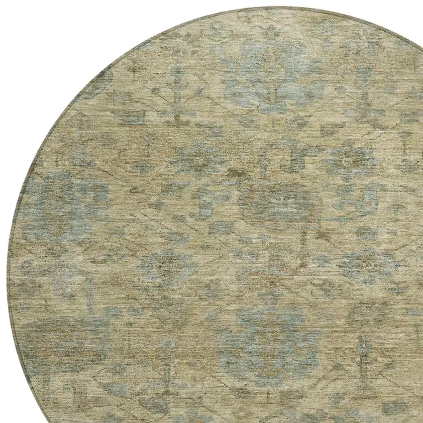 8' Beige And Blue Round Damask Washable Indoor Outdoor Area Rug Photo 5