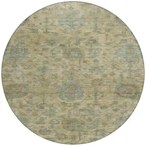 Photo of 8' Beige And Blue Round Damask Washable Indoor Outdoor Area Rug