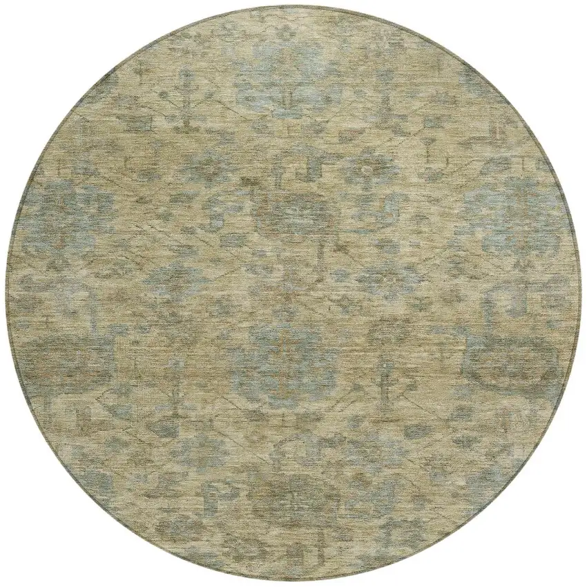 8' Beige And Blue Round Damask Washable Indoor Outdoor Area Rug Photo 6