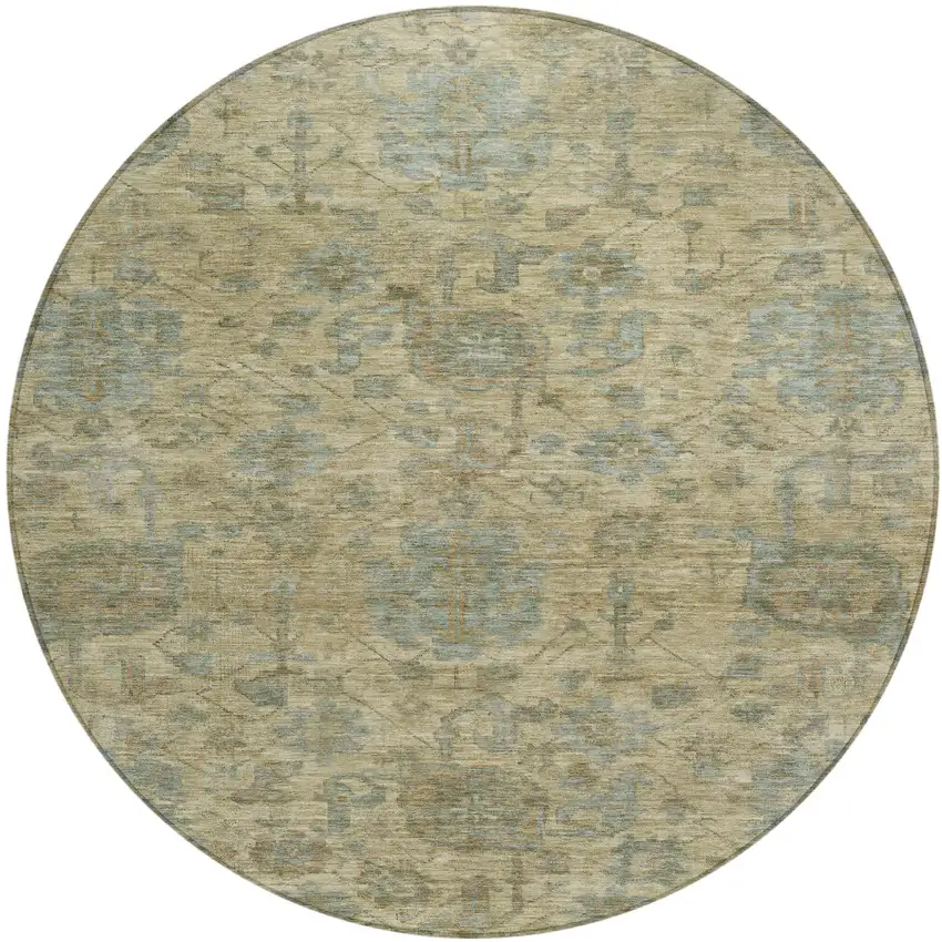 8' Beige And Blue Round Damask Washable Indoor Outdoor Area Rug Photo 2