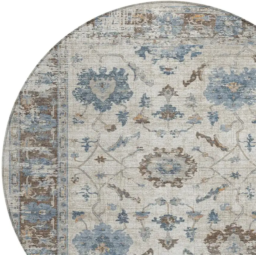 8' Beige And Blue Round Floral Washable Indoor Outdoor Area Rug Photo 9
