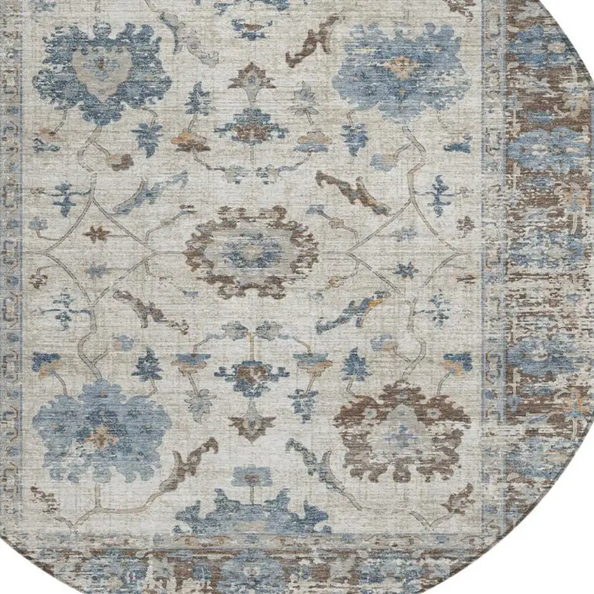 8' Beige And Blue Round Floral Washable Indoor Outdoor Area Rug Photo 4