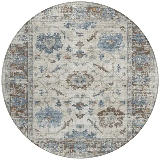8' Beige And Blue Round Floral Washable Indoor Outdoor Area Rug Photo 3