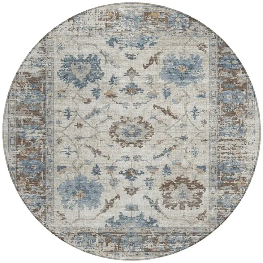 8' Beige And Blue Round Floral Washable Indoor Outdoor Area Rug Photo 3