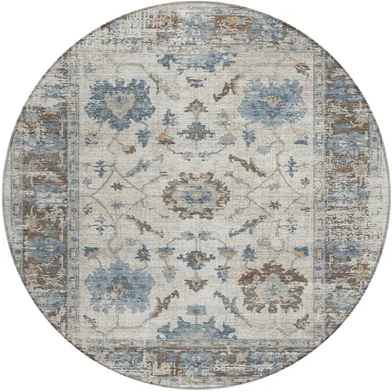 8' Beige And Blue Round Floral Washable Indoor Outdoor Area Rug Photo 1