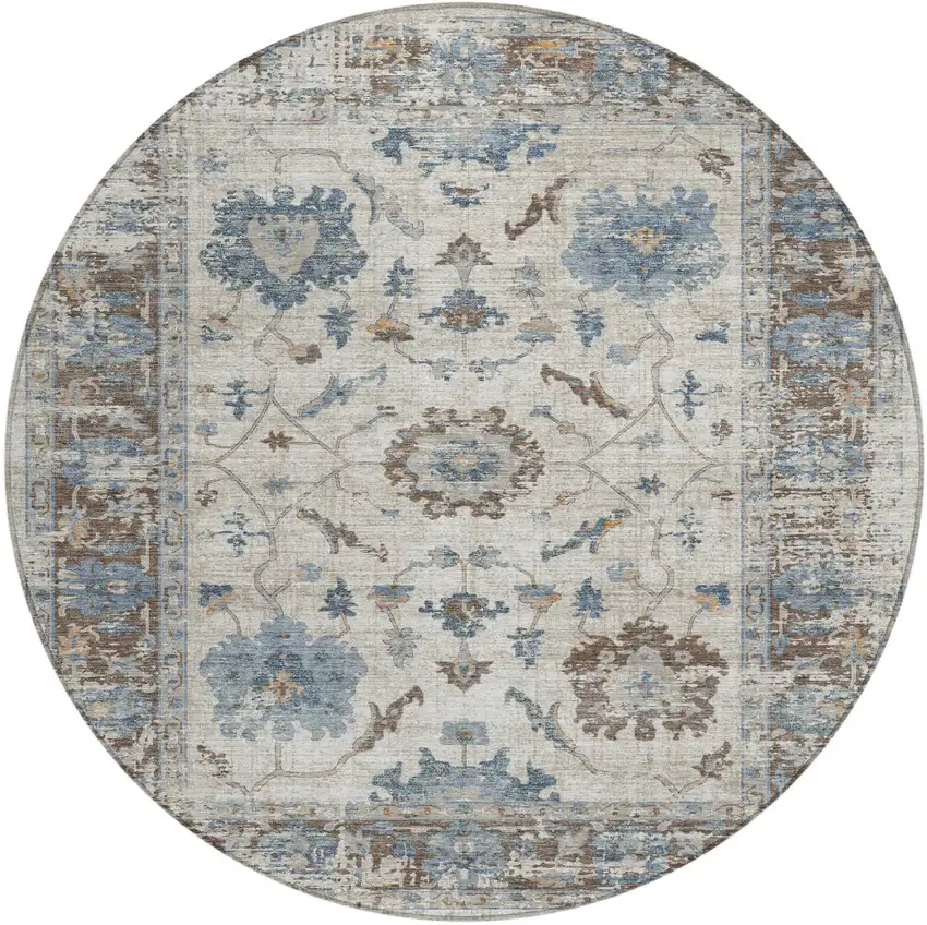 8' Beige And Blue Round Floral Washable Indoor Outdoor Area Rug Photo 1