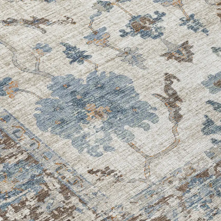 8' Beige And Blue Round Floral Washable Indoor Outdoor Area Rug Photo 8