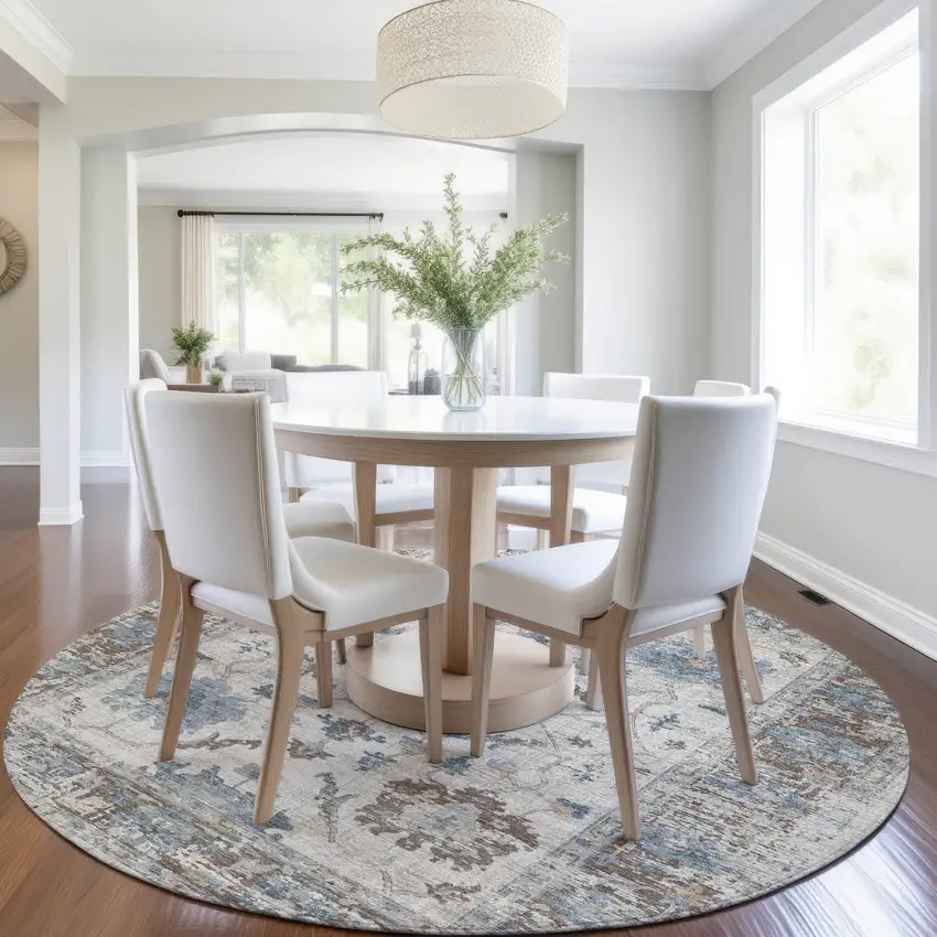 8' Beige And Blue Round Floral Washable Indoor Outdoor Area Rug Photo 6