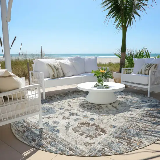 8' Beige And Blue Round Floral Washable Indoor Outdoor Area Rug Photo 5