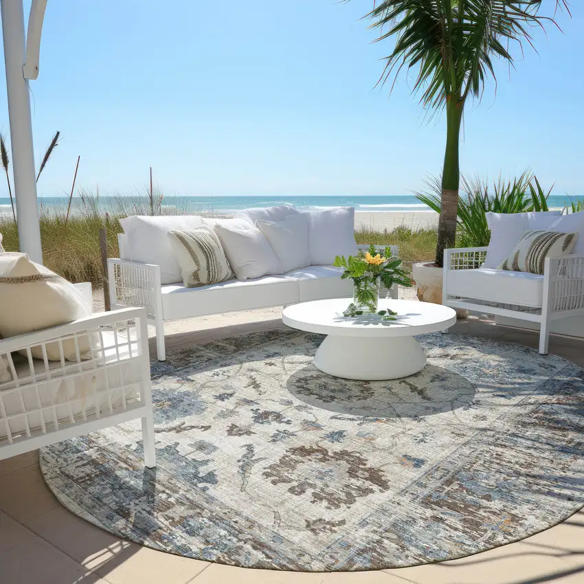 8' Beige And Blue Round Floral Washable Indoor Outdoor Area Rug Photo 5