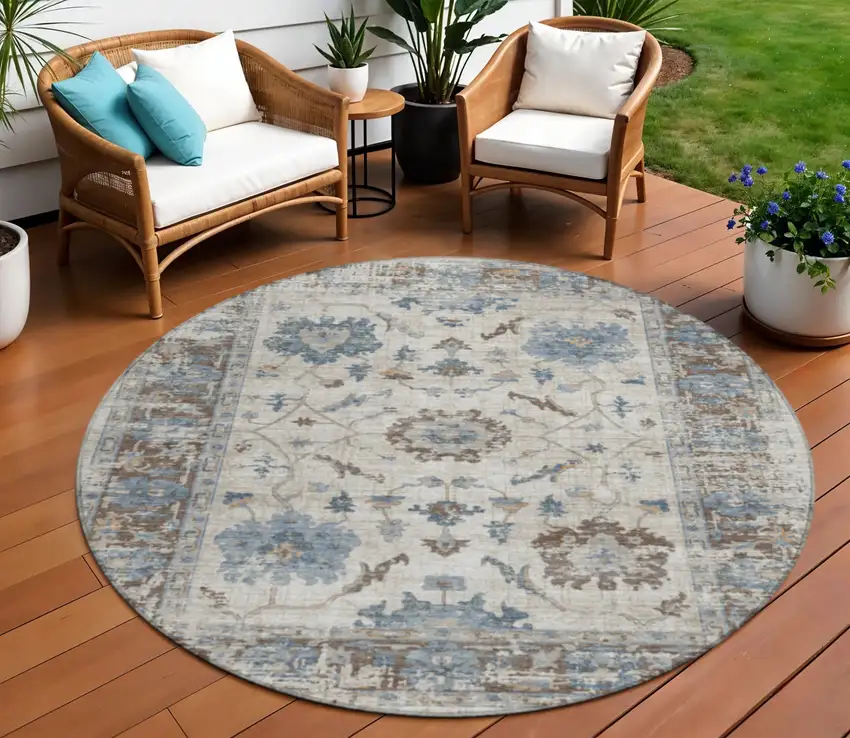 8' Beige And Blue Round Floral Washable Indoor Outdoor Area Rug Photo 2