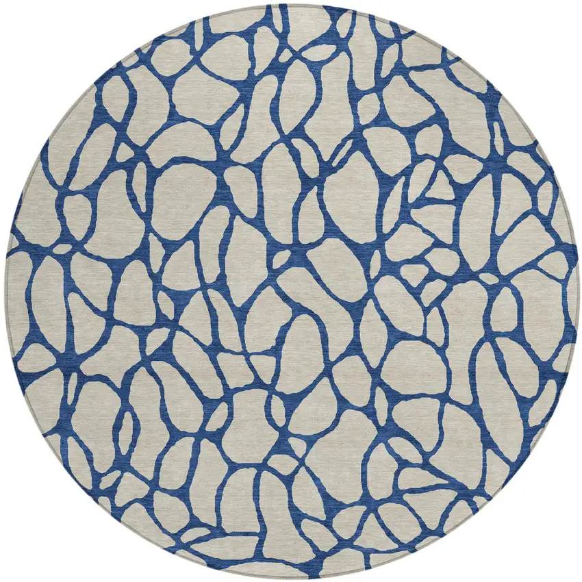 8' Beige And Blue Round Geometric Washable Indoor Outdoor Area Rug Photo 2