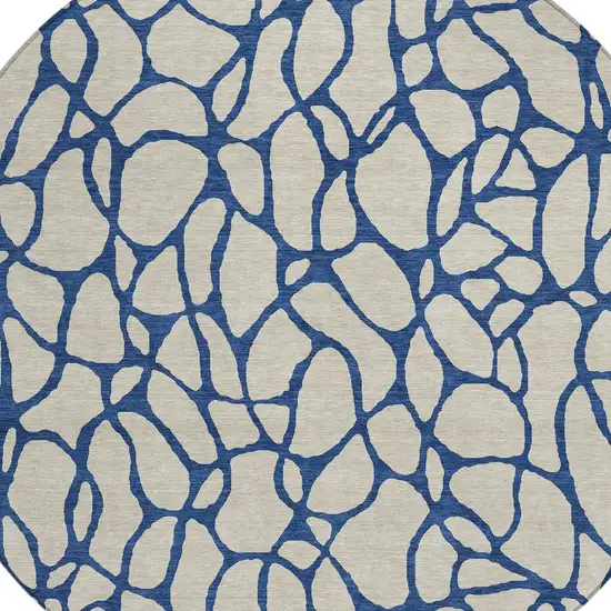 8' Beige And Blue Round Geometric Washable Indoor Outdoor Area Rug Photo 4