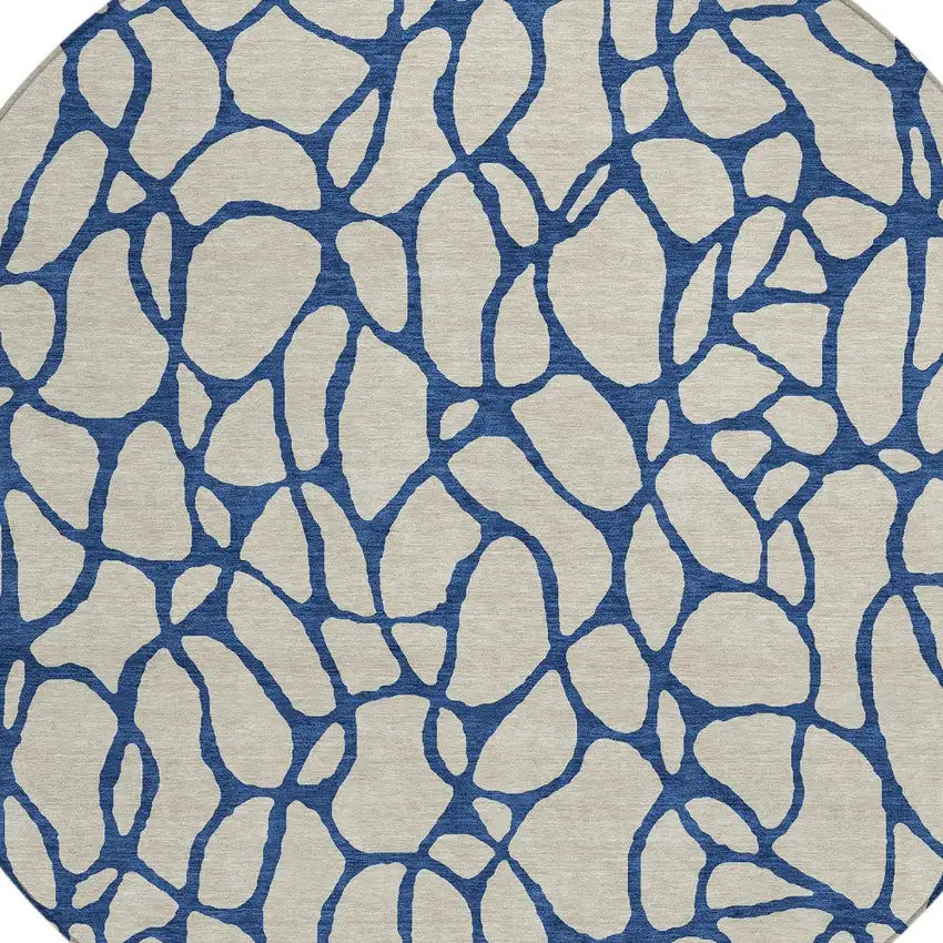 8' Beige And Blue Round Geometric Washable Indoor Outdoor Area Rug Photo 4