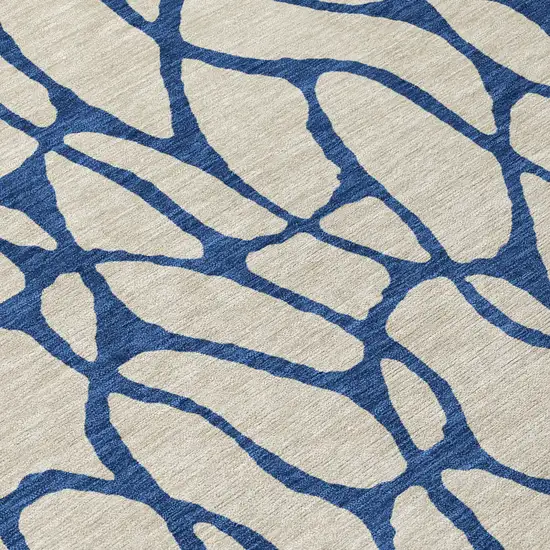 8' Beige And Blue Round Geometric Washable Indoor Outdoor Area Rug Photo 8