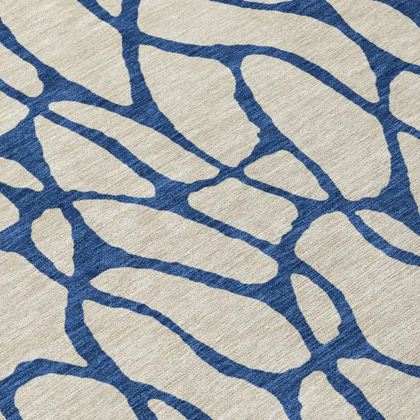 8' Beige And Blue Round Geometric Washable Indoor Outdoor Area Rug Photo 8