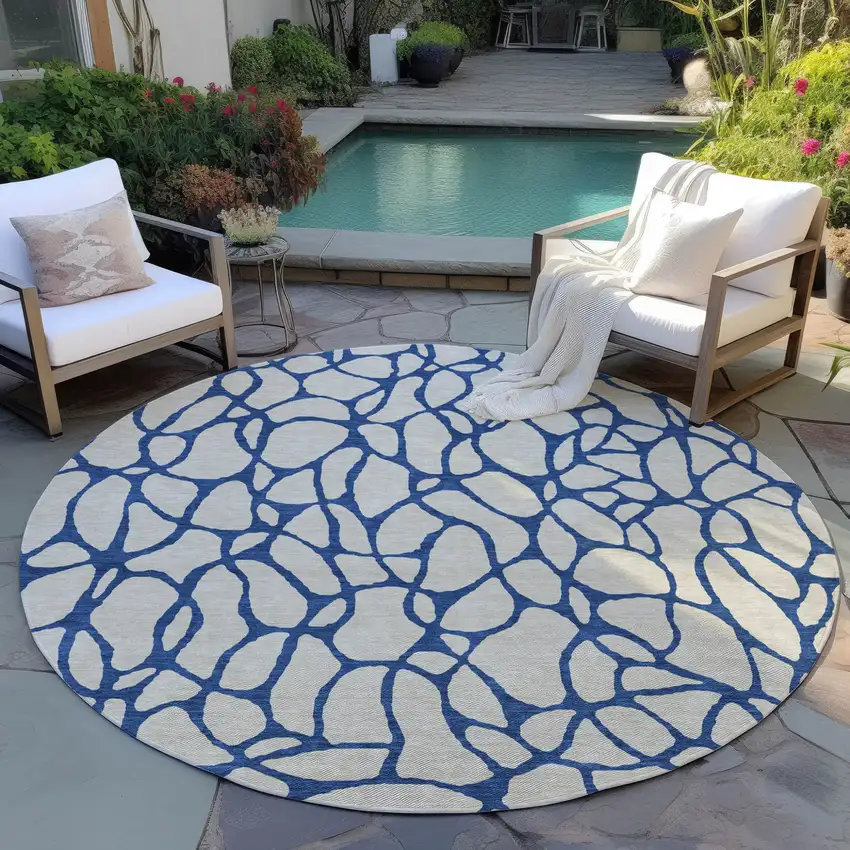 8' Beige And Blue Round Geometric Washable Indoor Outdoor Area Rug Photo 6