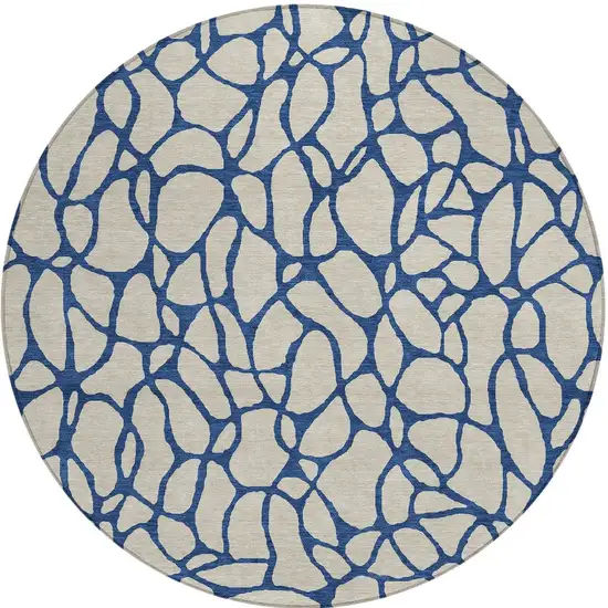 8' Beige And Blue Round Geometric Washable Indoor Outdoor Area Rug Photo 5