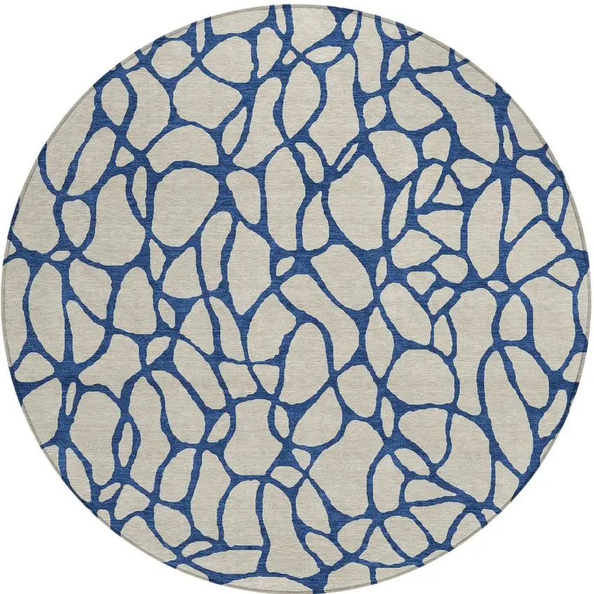 8' Beige And Blue Round Geometric Washable Indoor Outdoor Area Rug Photo 5