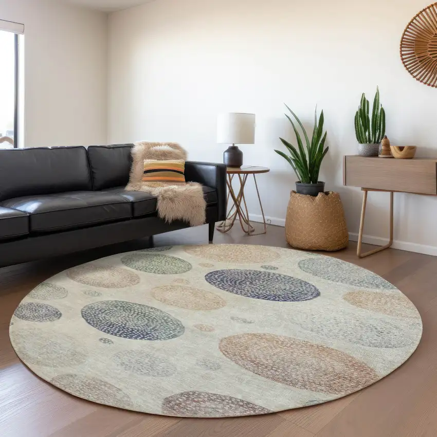 8' Beige And Blue Round Geometric Washable Indoor Outdoor Area Rug Photo 6