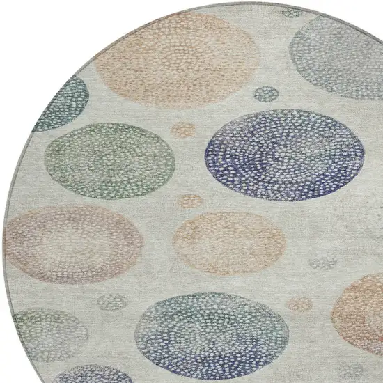 8' Beige And Blue Round Geometric Washable Indoor Outdoor Area Rug Photo 9