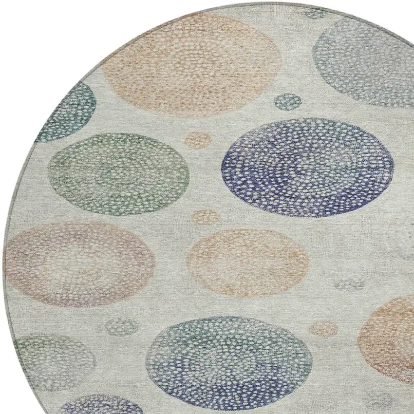 8' Beige And Blue Round Geometric Washable Indoor Outdoor Area Rug Photo 9