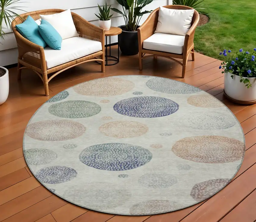 8' Beige And Blue Round Geometric Washable Indoor Outdoor Area Rug Photo 2