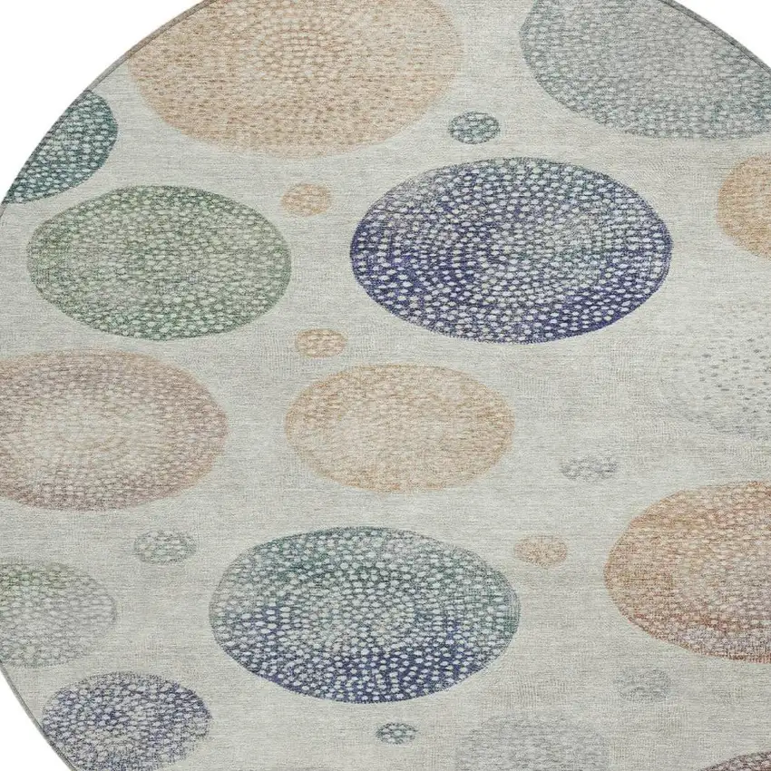 8' Beige And Blue Round Geometric Washable Indoor Outdoor Area Rug Photo 4
