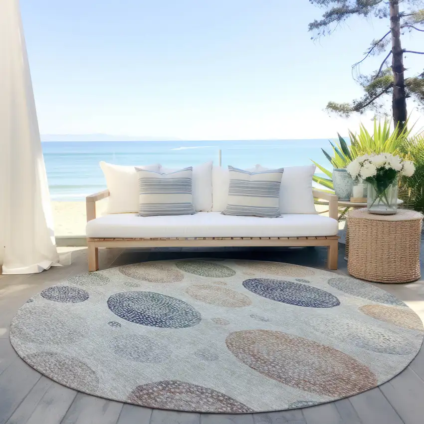 8' Beige And Blue Round Geometric Washable Indoor Outdoor Area Rug Photo 5