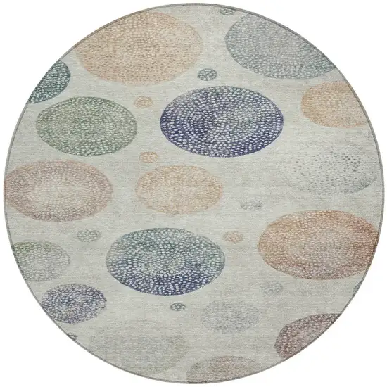 8' Beige And Blue Round Geometric Washable Indoor Outdoor Area Rug Photo 3