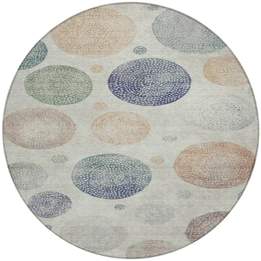 8' Beige And Blue Round Geometric Washable Indoor Outdoor Area Rug Photo 3