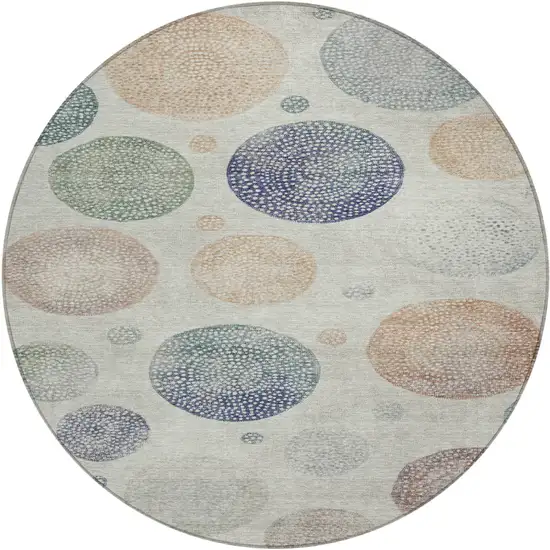 8' Beige And Blue Round Geometric Washable Indoor Outdoor Area Rug Photo 1