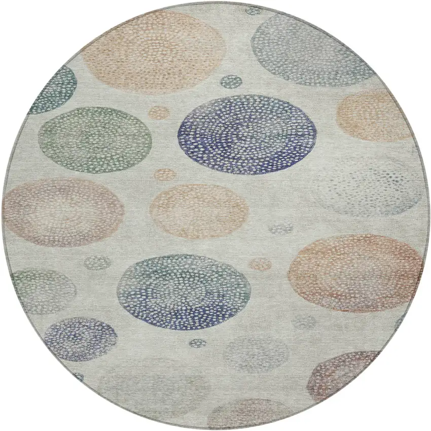 8' Beige And Blue Round Geometric Washable Indoor Outdoor Area Rug Photo 1