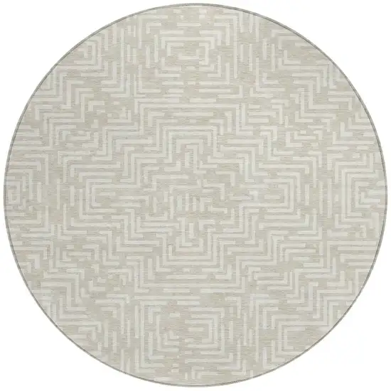 8' Beige And Blue Round Geometric Washable Indoor Outdoor Area Rug Photo 3