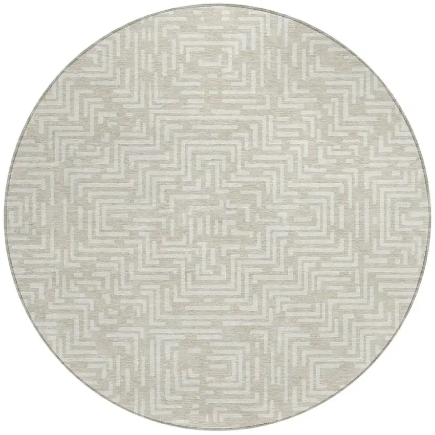 8' Beige And Blue Round Geometric Washable Indoor Outdoor Area Rug Photo 3