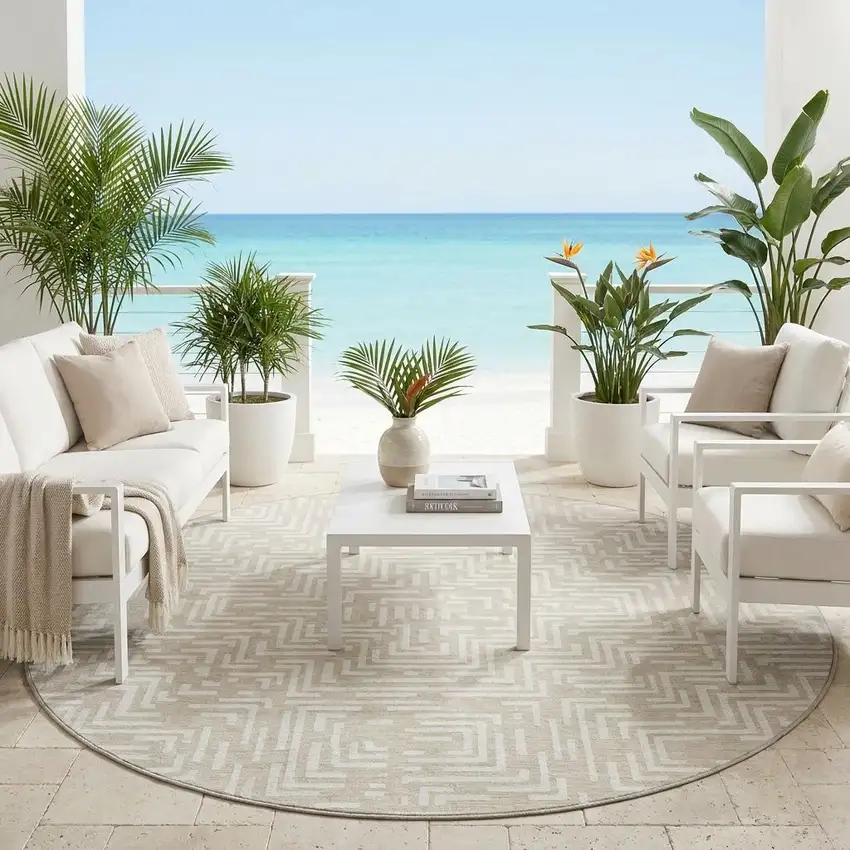 8' Beige And Blue Round Geometric Washable Indoor Outdoor Area Rug Photo 1