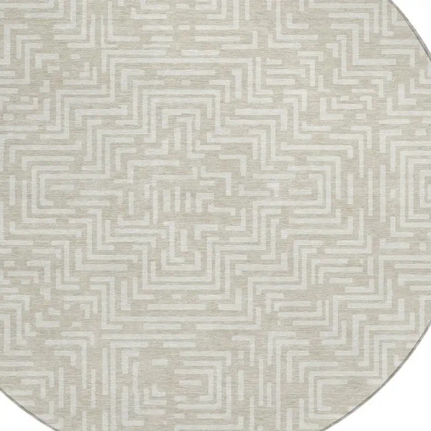 8' Beige And Blue Round Geometric Washable Indoor Outdoor Area Rug Photo 4