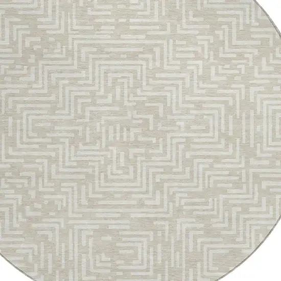 8' Beige And Blue Round Geometric Washable Indoor Outdoor Area Rug Photo 5