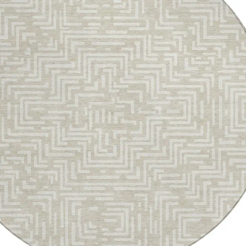8' Beige And Blue Round Geometric Washable Indoor Outdoor Area Rug Photo 5