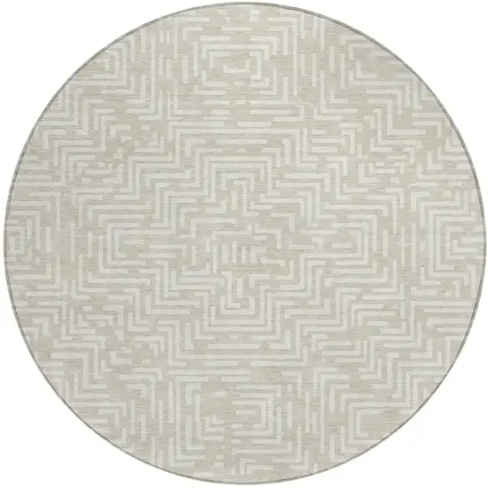 8' Beige And Blue Round Geometric Washable Indoor Outdoor Area Rug Photo 2