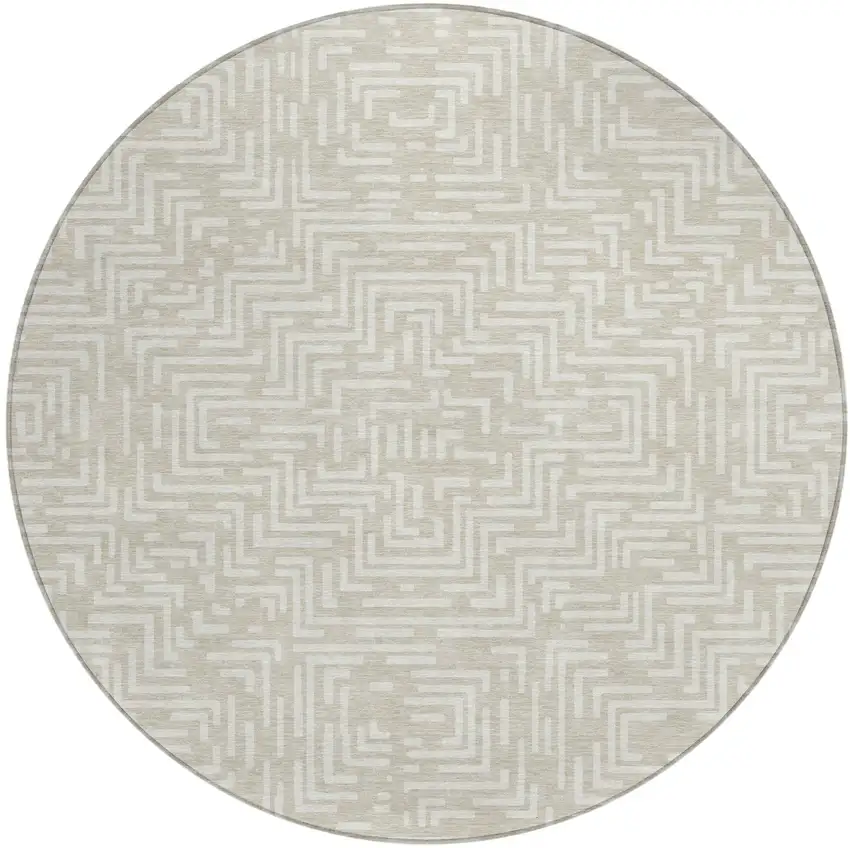 8' Beige And Blue Round Geometric Washable Indoor Outdoor Area Rug Photo 2