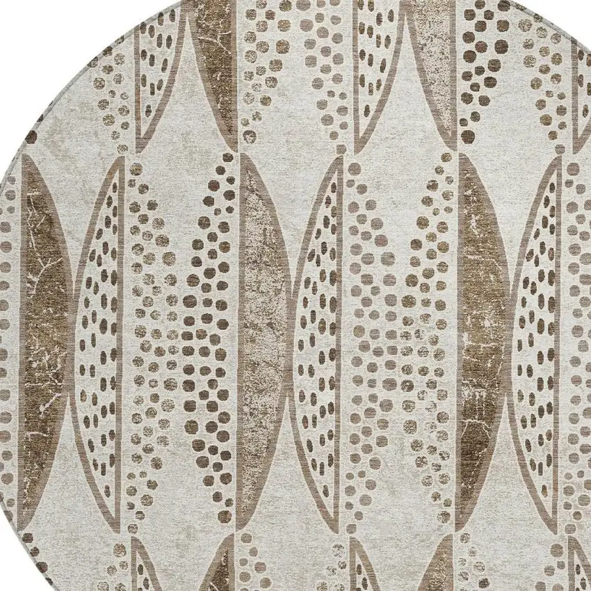 8' Beige And Blue Round Geometric Washable Indoor Outdoor Area Rug Photo 3