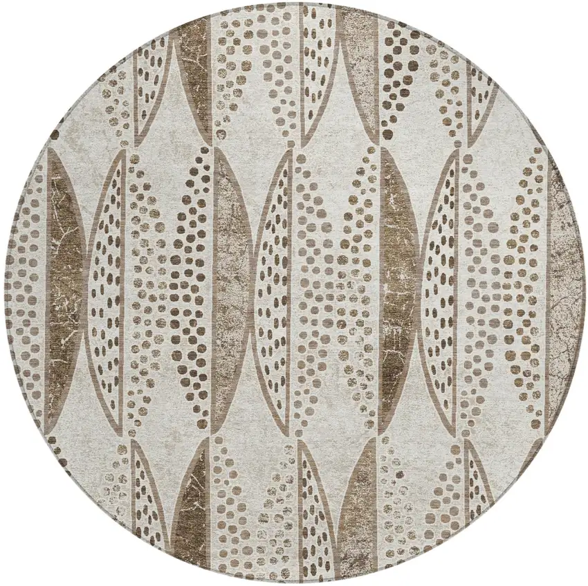8' Beige And Blue Round Geometric Washable Indoor Outdoor Area Rug Photo 2