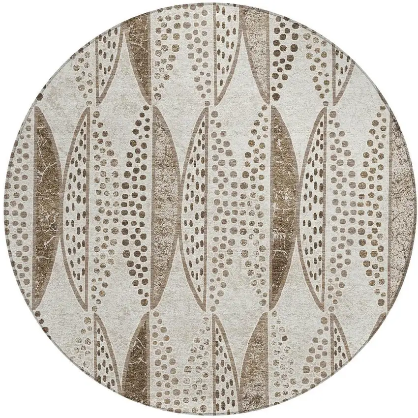 8' Beige And Blue Round Geometric Washable Indoor Outdoor Area Rug Photo 4