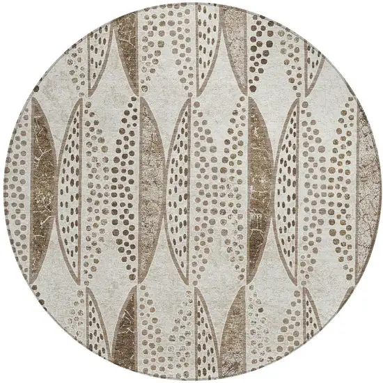 8' Beige And Blue Round Geometric Washable Indoor Outdoor Area Rug Photo 4