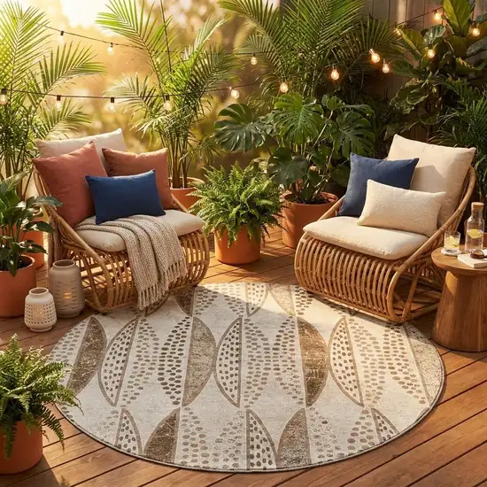 8' Beige And Blue Round Geometric Washable Indoor Outdoor Area Rug Photo 1