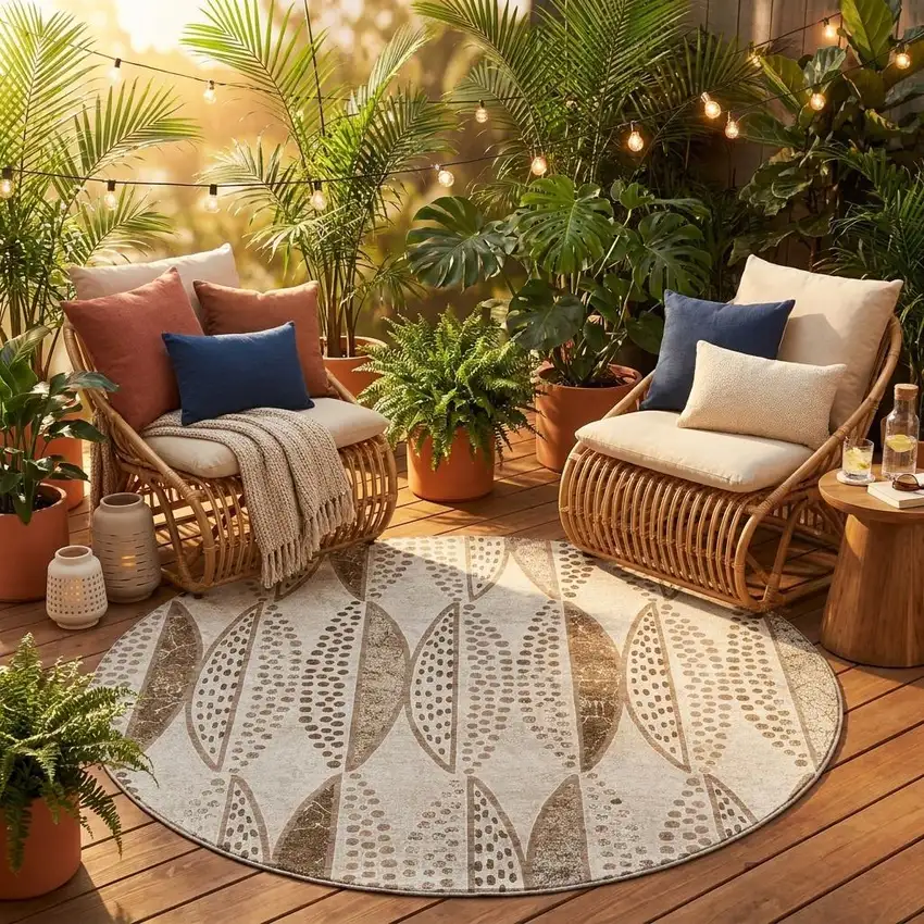 8' Beige And Blue Round Geometric Washable Indoor Outdoor Area Rug Photo 1