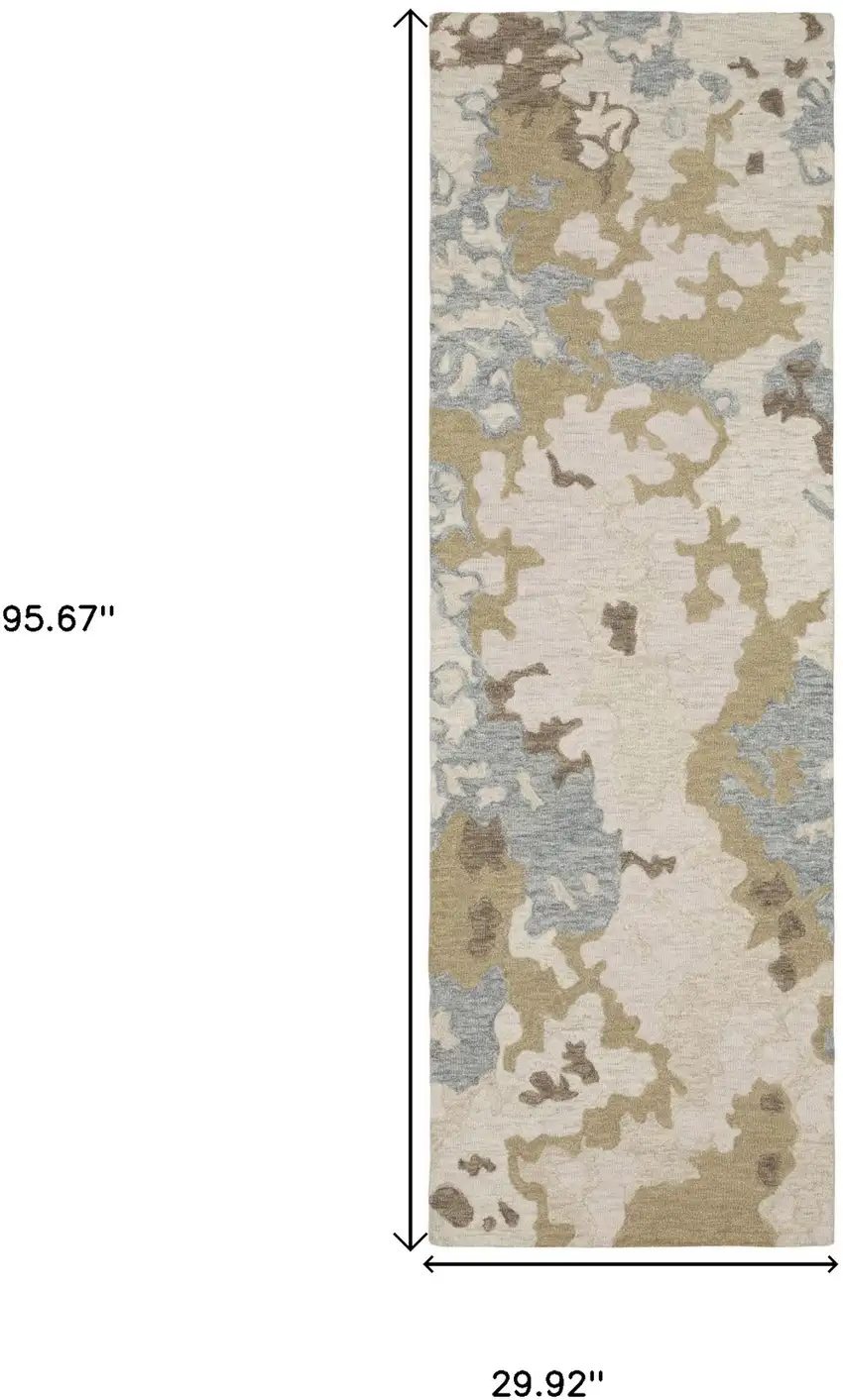 8' Beige And Blue Wool Abstract Hand Tufted Runner Rug Photo 3