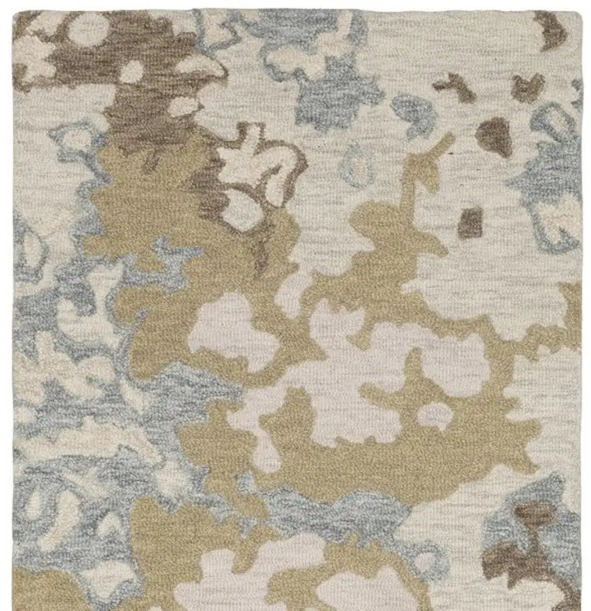 8' Beige And Blue Wool Abstract Hand Tufted Runner Rug Photo 4